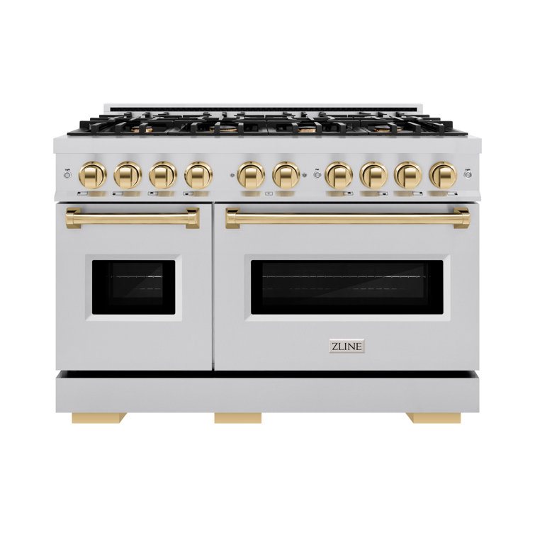 48" Stainless Steel and Gold Double Oven Gas Range with 8 Burners