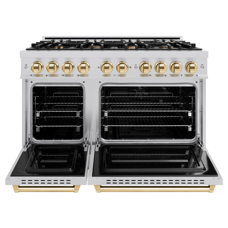 48" Stainless Steel and Gold Double Oven Gas Range with 8 Burners