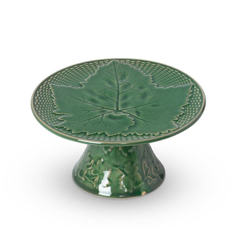 Green Ceramic Pedestal Cake Stand with Leaf Design
