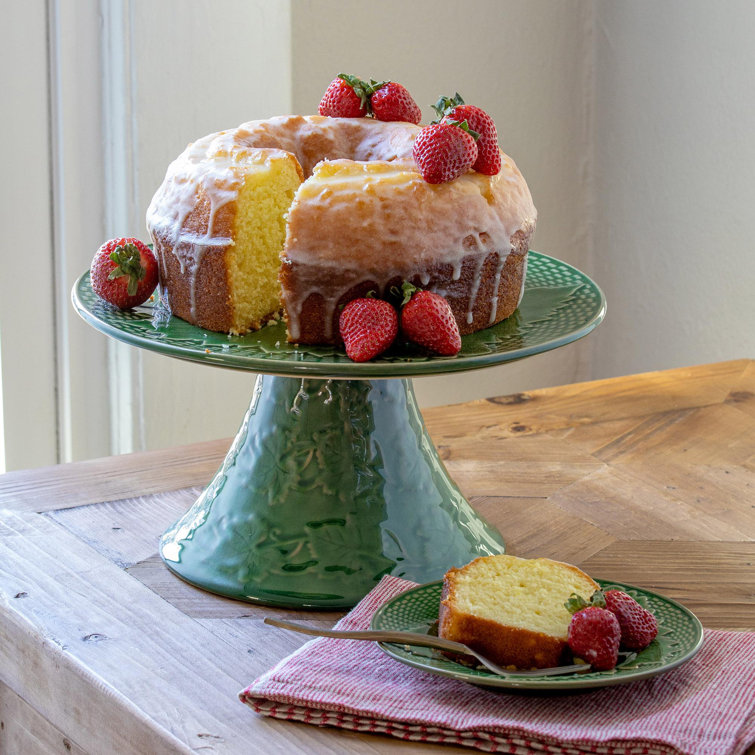 Green Ceramic Pedestal Cake Stand with Leaf Design