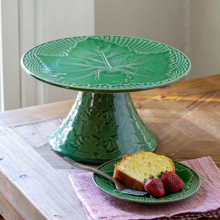 Green Ceramic Pedestal Cake Stand with Leaf Design