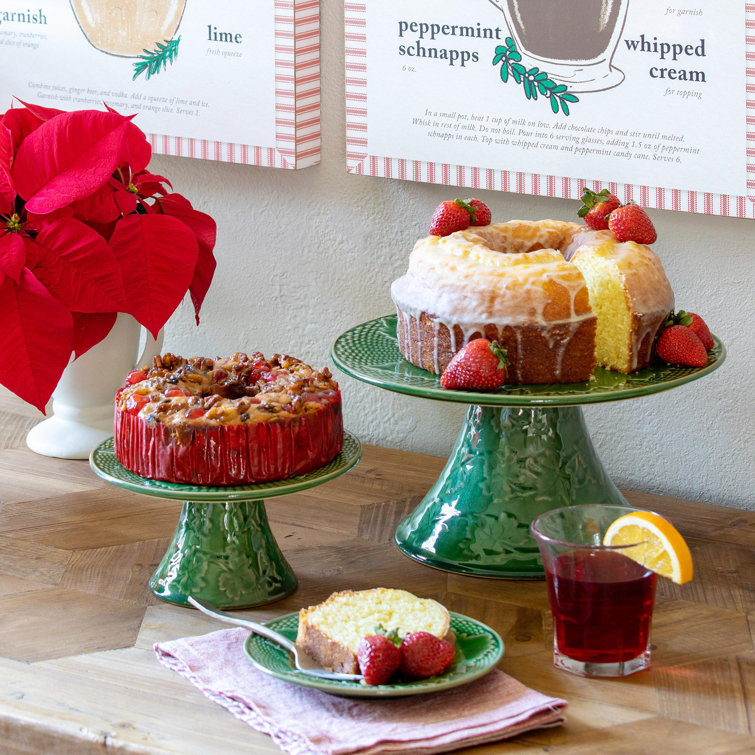 Green Ceramic Pedestal Cake Stand with Leaf Design