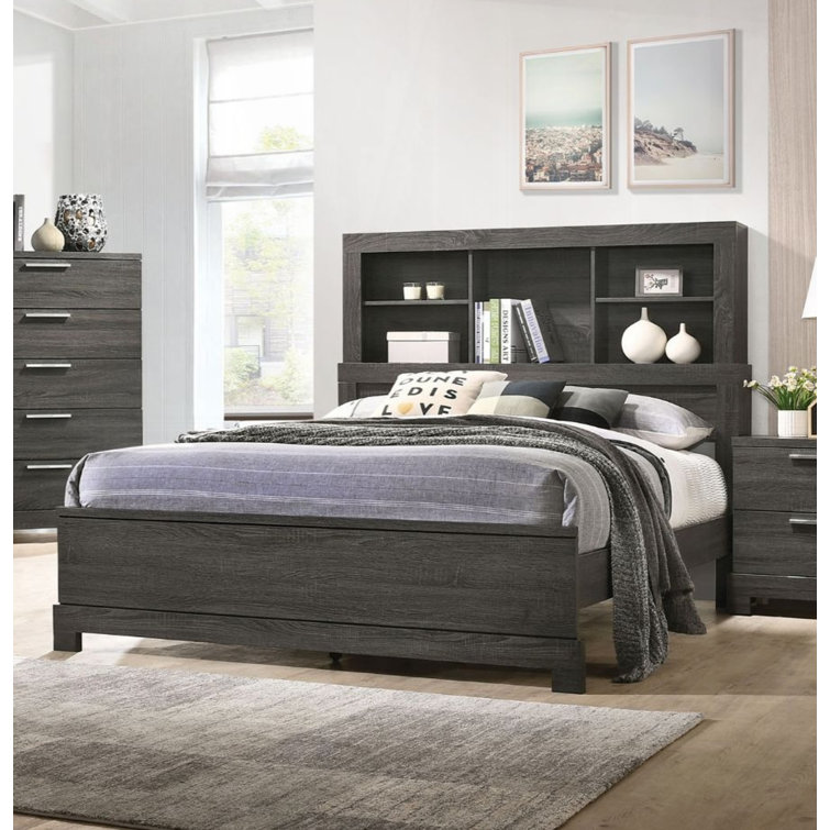 King-Sized Gray Oak Wood Frame Upholstered Bed with Bookcase Storage