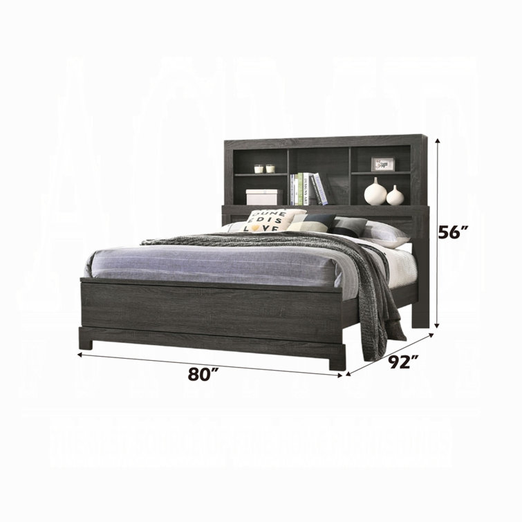 King-Sized Gray Oak Wood Frame Upholstered Bed with Bookcase Storage