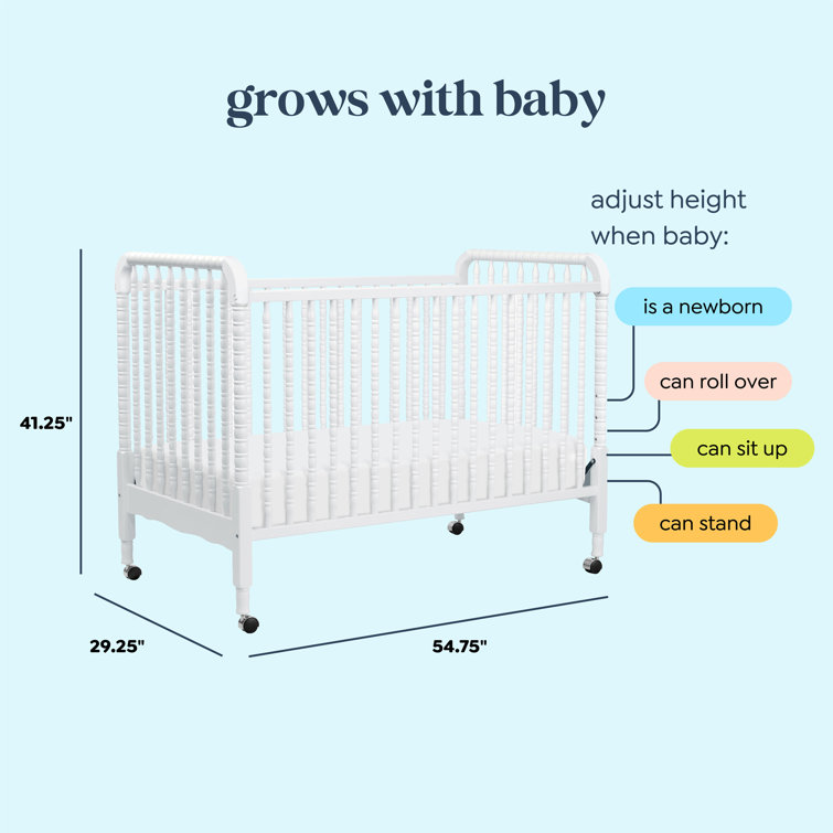 White Pine Wood 3-in-1 Convertible Crib with Wheels