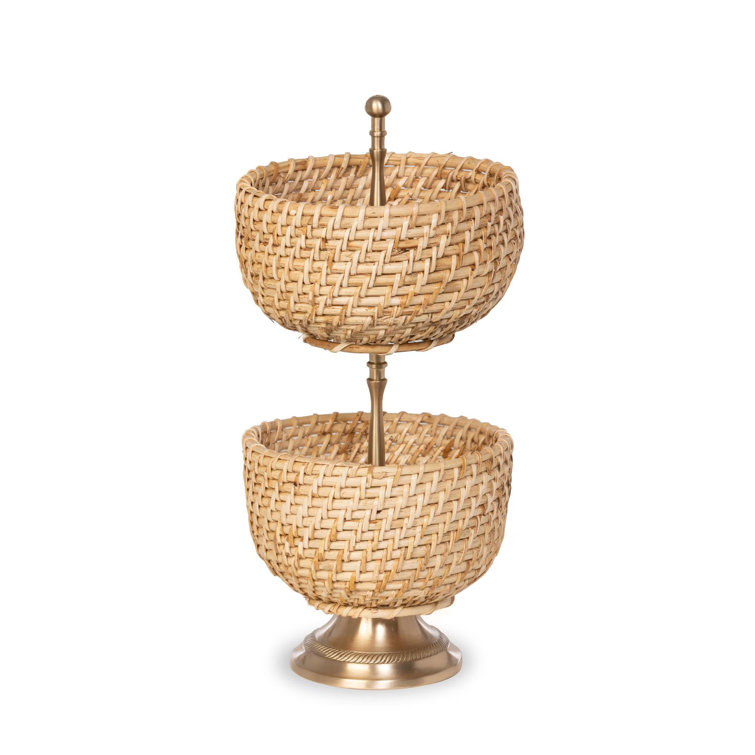 Amelia Round Woven Bamboo and Brass Tiered Server