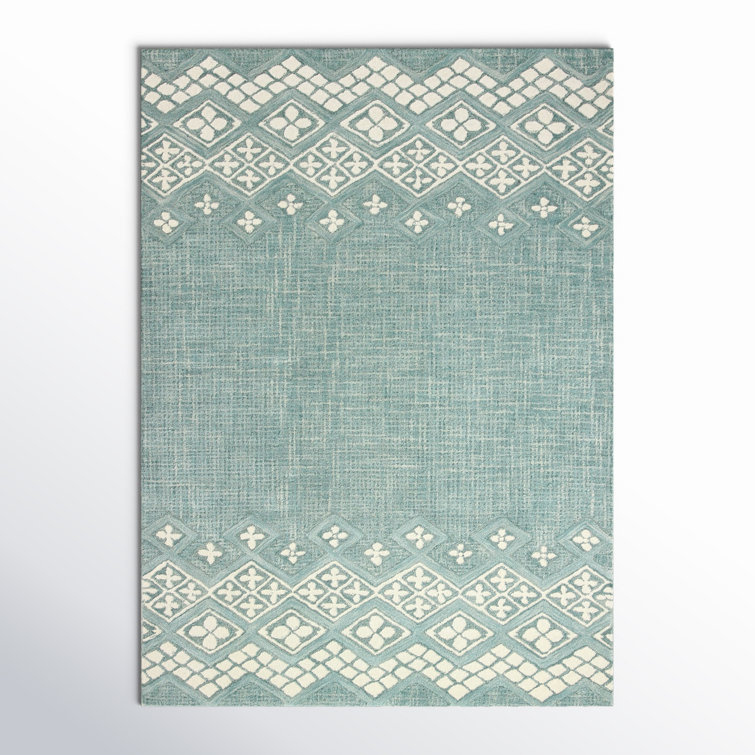 Teal and White Hand-Tufted Wool Rectangular Area Rug