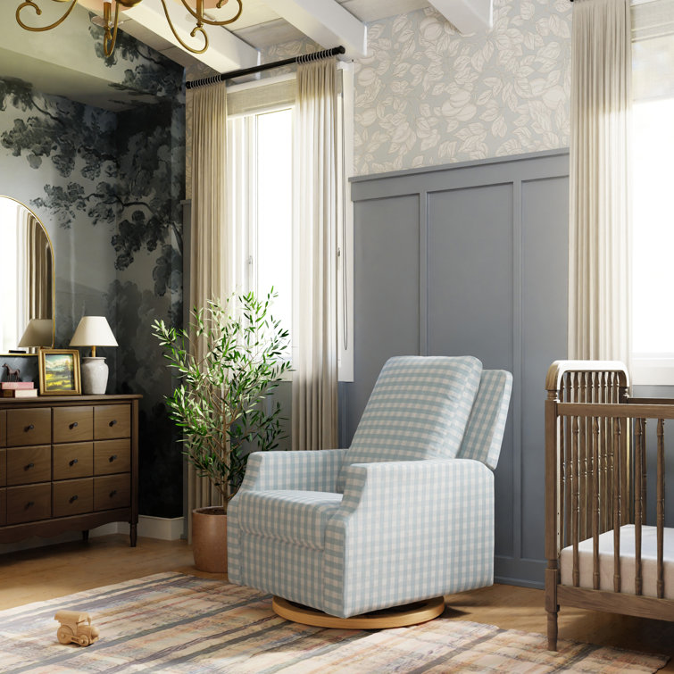 Tan Gingham Velvet Swivel Recliner with Light Wood Base