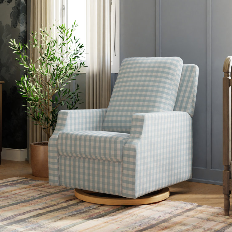 Tan Gingham Velvet Swivel Recliner with Light Wood Base
