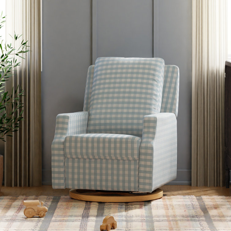 Tan Gingham Velvet Swivel Recliner with Light Wood Base
