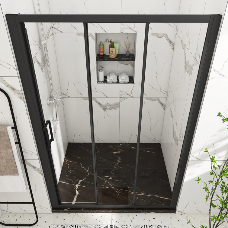 54" x 70" Matte Black Sliding Semi-Frameless Shower Door