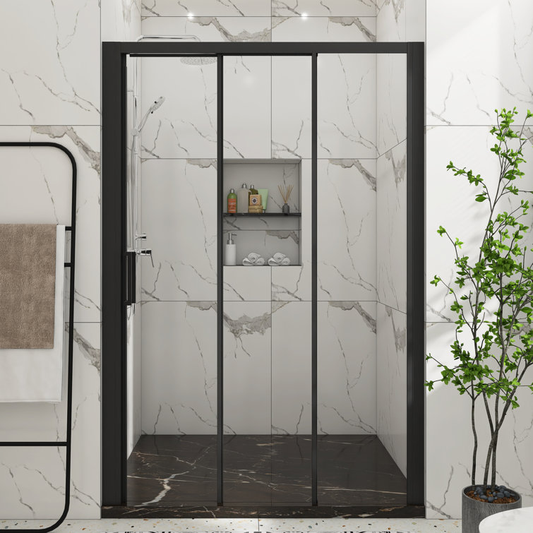 54" x 70" Matte Black Sliding Semi-Frameless Shower Door