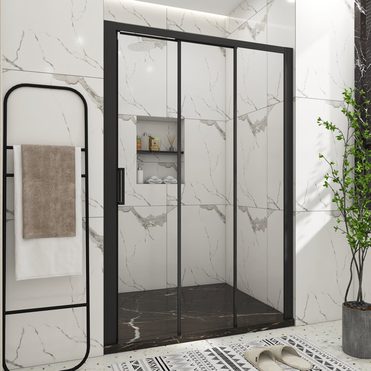 54" x 70" Matte Black Sliding Semi-Frameless Shower Door