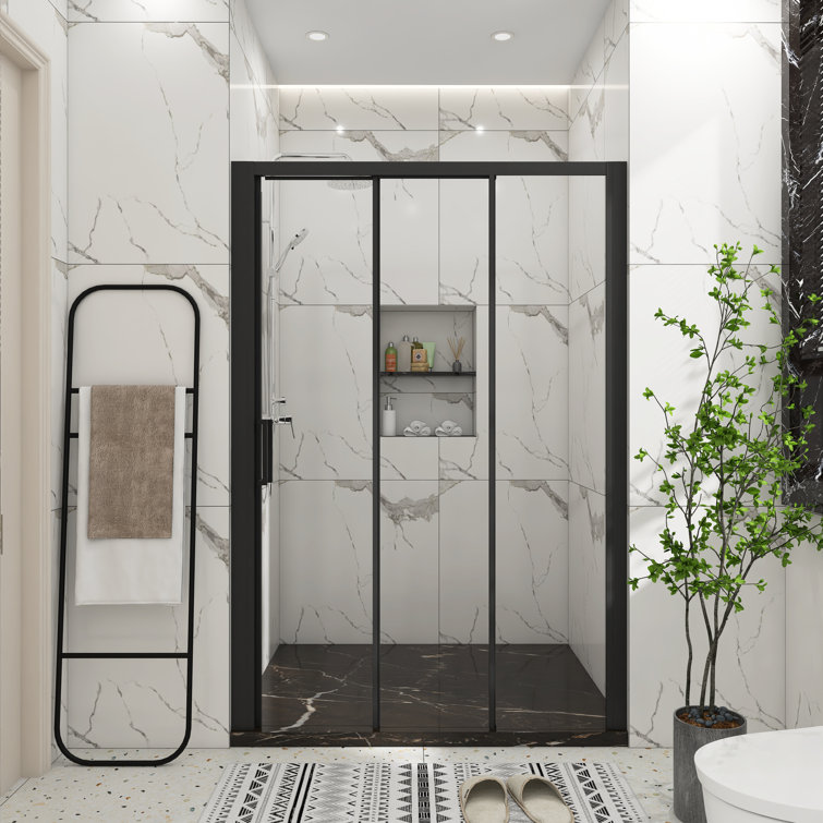 54" x 70" Matte Black Sliding Semi-Frameless Shower Door
