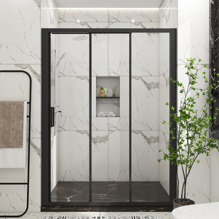 Matte Black 60" x 70" Sliding Semi-Frameless Shower Door with Clear Glass
