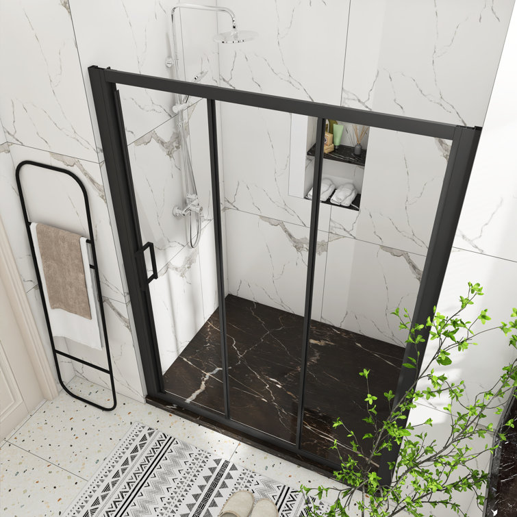 Matte Black 60" x 70" Sliding Semi-Frameless Shower Door with Clear Glass