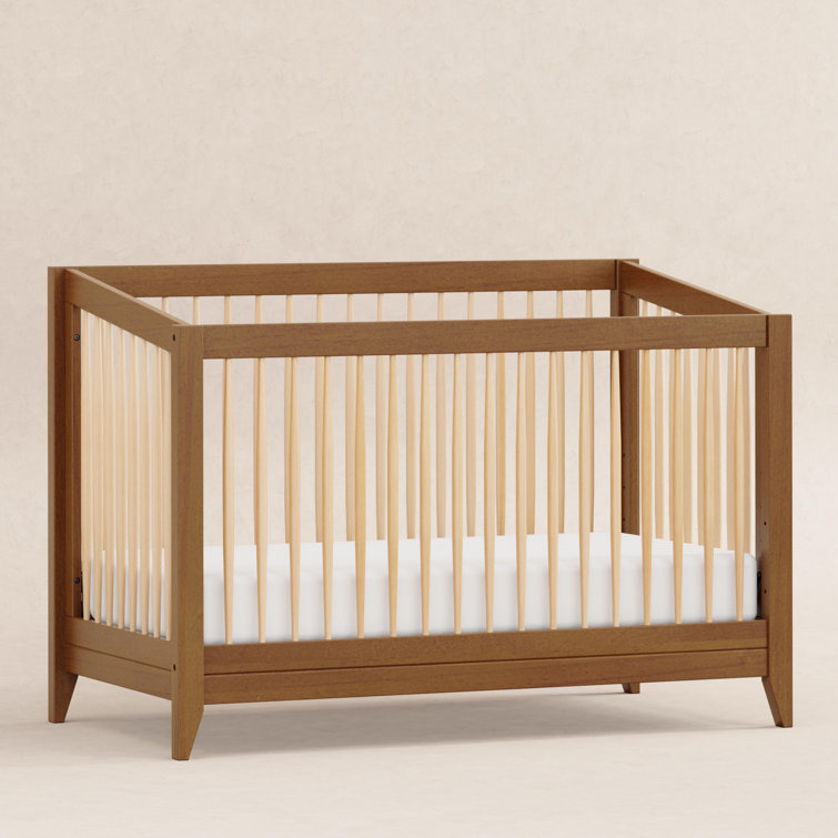 Chestnut and Natural Mid-Century Modern Convertible Crib
