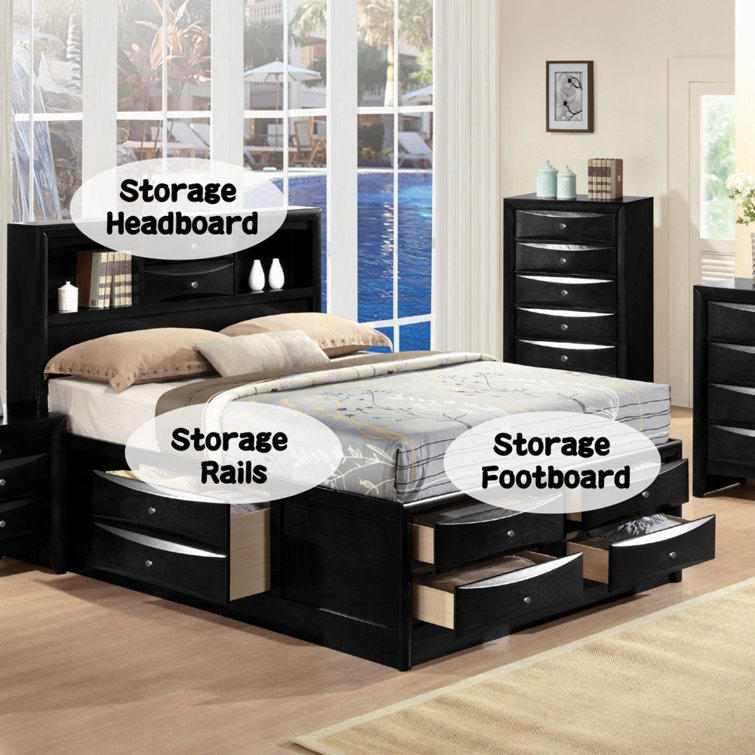 Black King Wood Frame Storage Bed with Bookcase Headboard