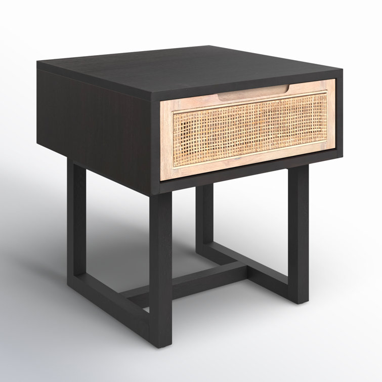 Mid-Century Modern Black Mango Square End Table with Cane Drawer
