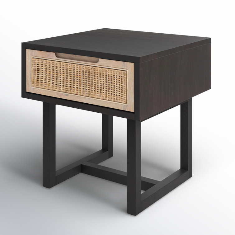 Mid-Century Modern Black Mango Square End Table with Cane Drawer