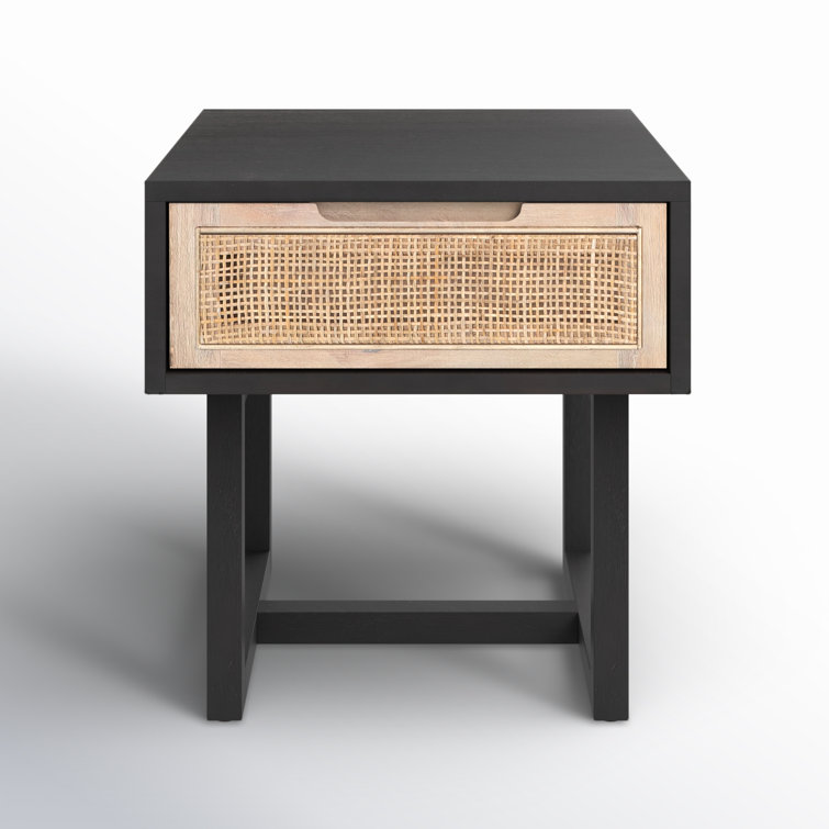 Mid-Century Modern Black Mango Square End Table with Cane Drawer