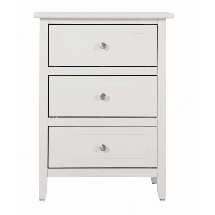 White Wood 3-Drawer Nightstand with Nickel Hardware