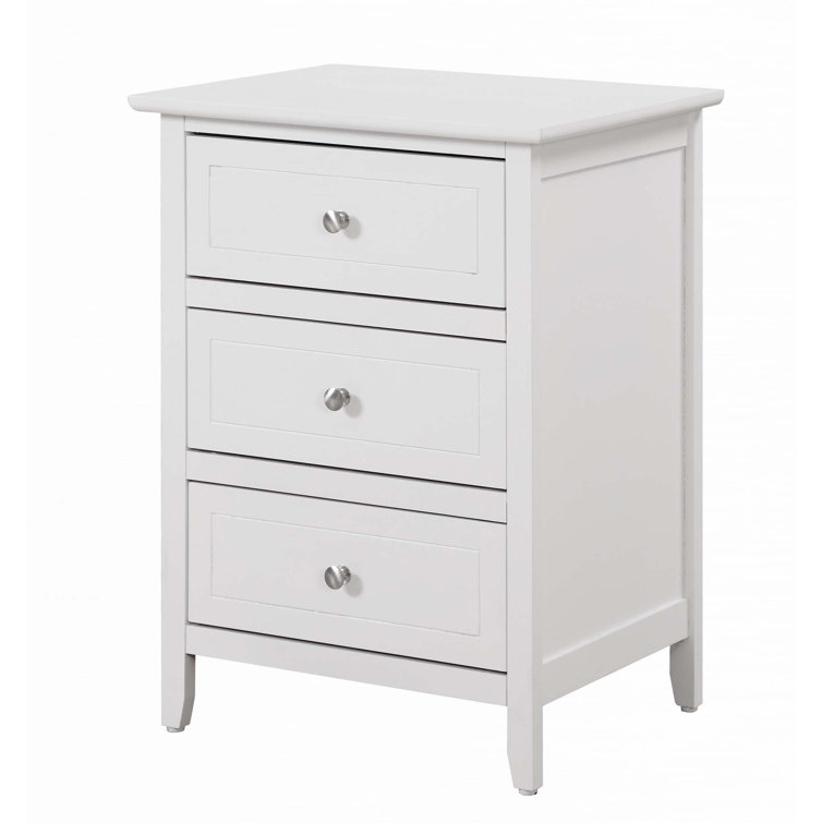 White Wood 3-Drawer Nightstand with Nickel Hardware