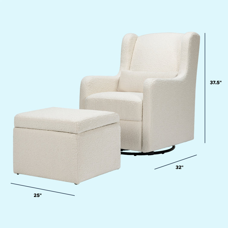 Ivory Boucle Gentle Swivel Glider with Storage Ottoman