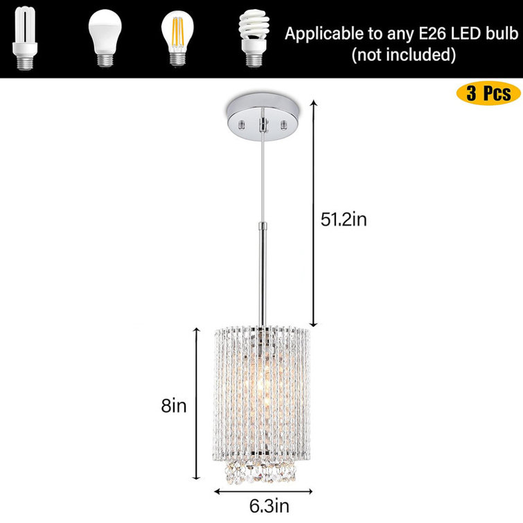Modern Aluminum Crystal 3-Light Farmhouse Pendant Fixture