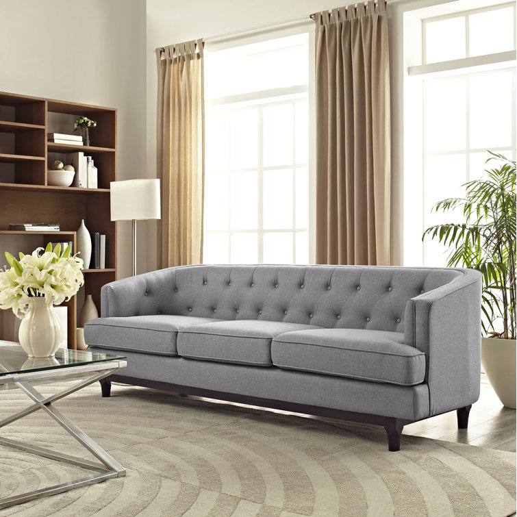 Elegant Light Gray Tufted Fabric Sofa with Walnut Wood Legs