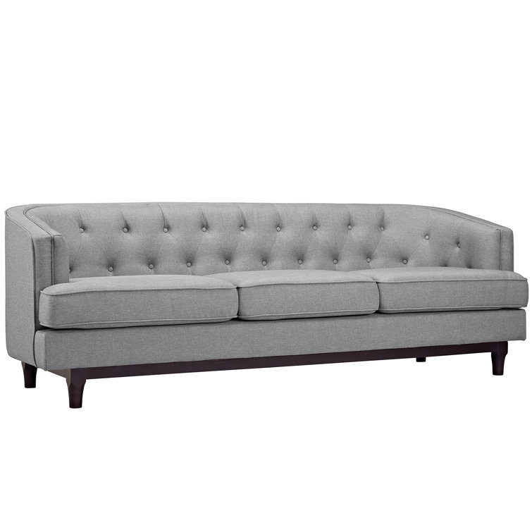 Elegant Light Gray Tufted Fabric Sofa with Walnut Wood Legs