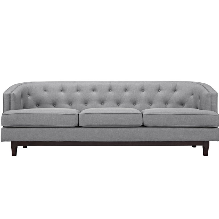 Elegant Light Gray Tufted Fabric Sofa with Walnut Wood Legs