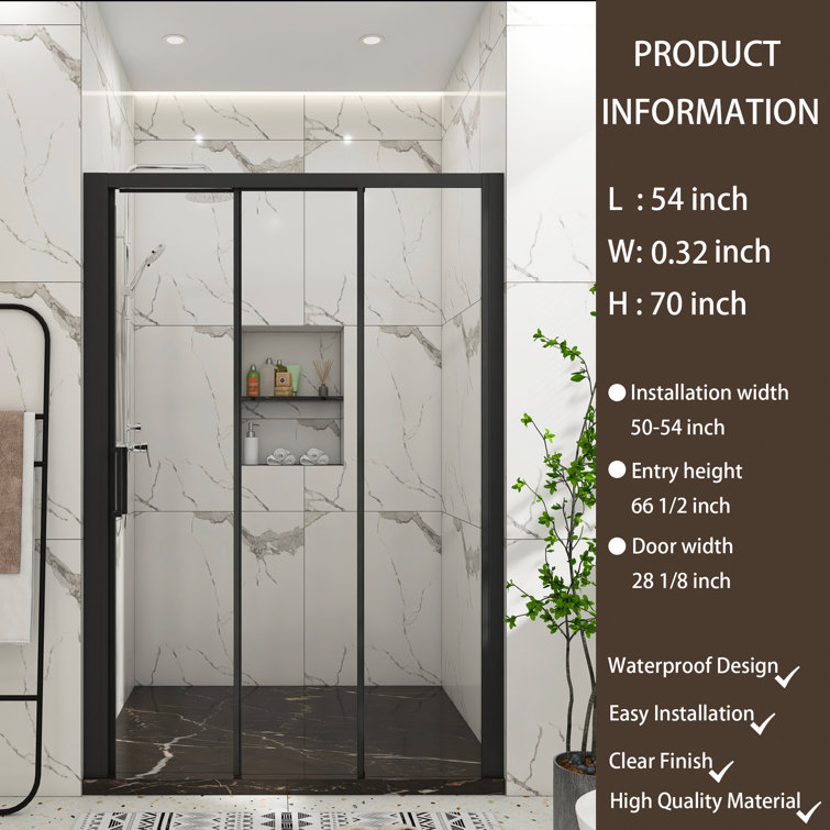 54" x 70" Matte Black Sliding Semi-Frameless Shower Door