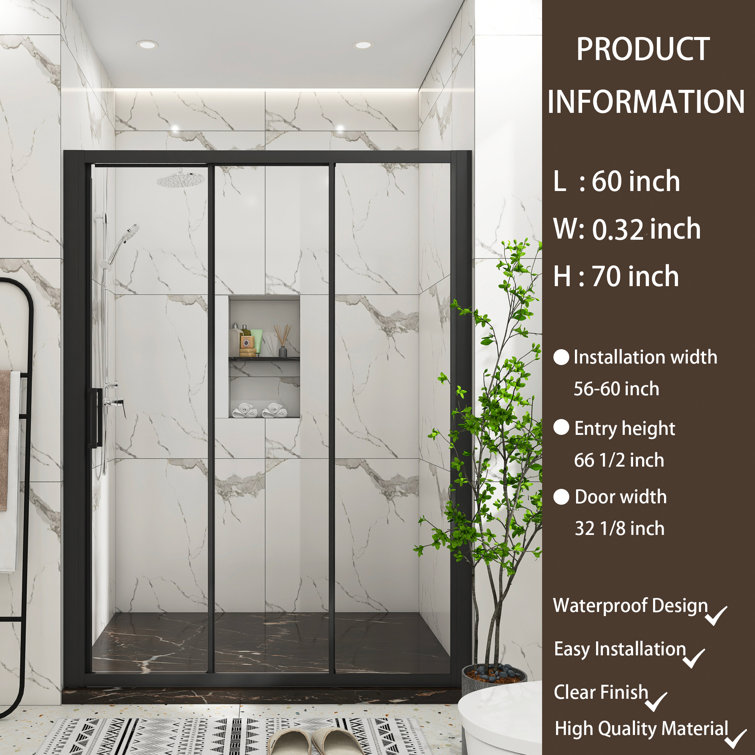 Matte Black 60" x 70" Sliding Semi-Frameless Shower Door with Clear Glass
