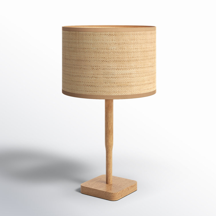 Natural Wood Table Lamp with Woven Beige Drum Shade