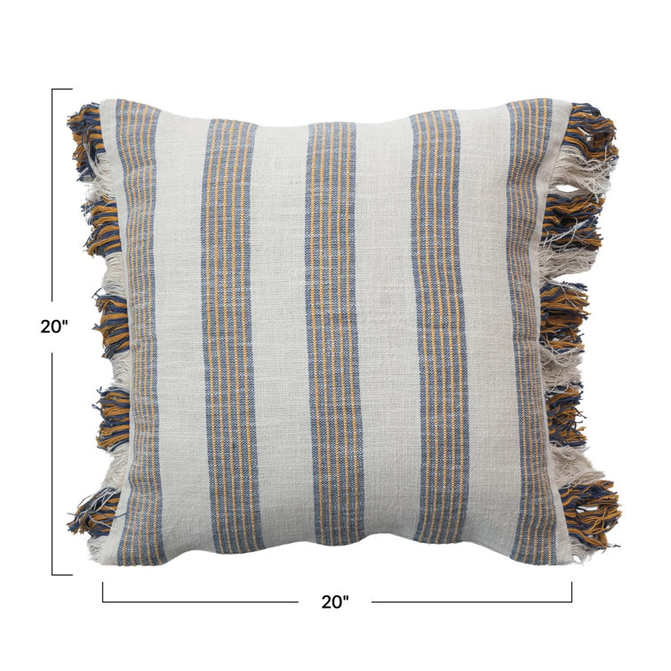 Gray and Yellow Striped Cotton Square Throw Pillow with Fringe