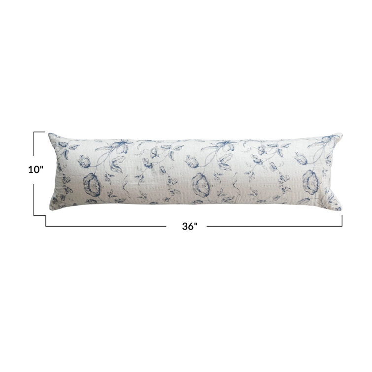 Blue Floral Patterned Cotton and Linen Lumbar Pillow