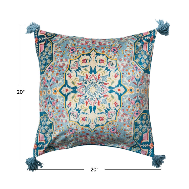 Multicolor Bohemian Rayon Square Throw Pillow with Tassels