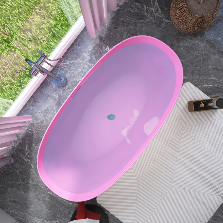 Glossy Pink Acrylic Freestanding Soaking Bathtub, 59 x 30 Inches