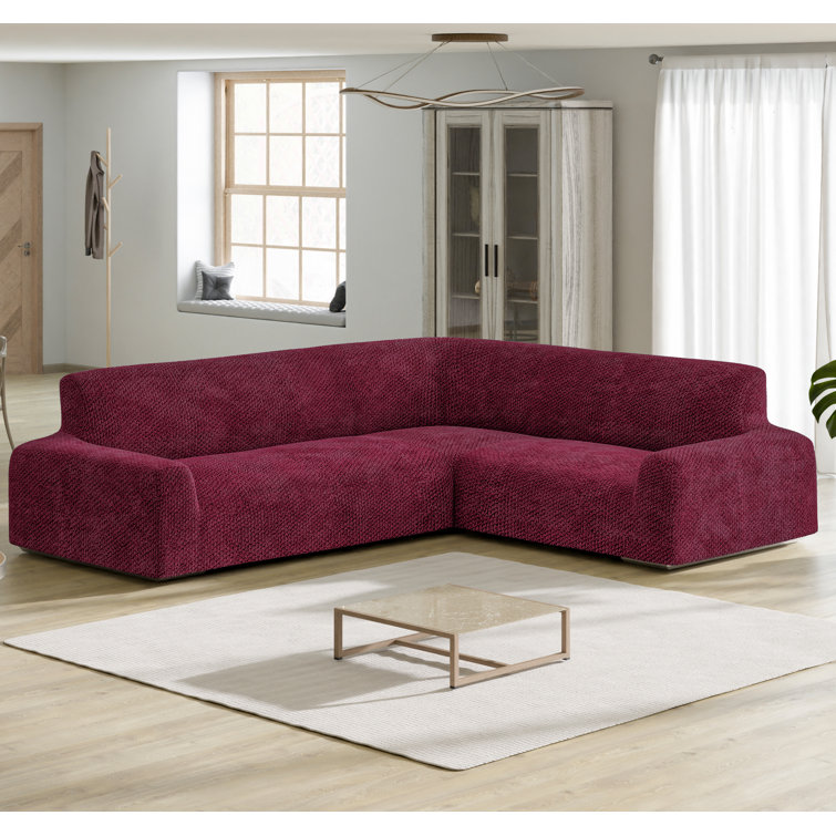 Italianate Modern Elastic Stretch Burgundy Velvet Sofa Cover
