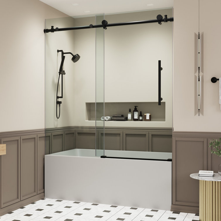 Matte Black Frameless Sliding Glass Shower Doors with Stainless Steel Hardware