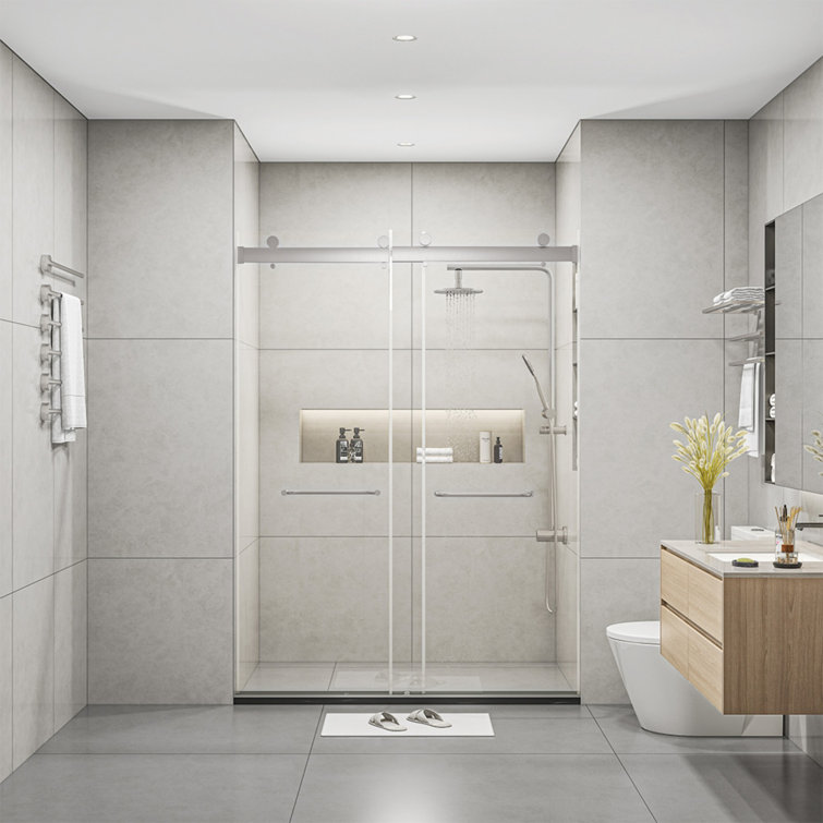Frameless 60" Clear Glass Sliding Shower Doors with Brushed Nickel Finish