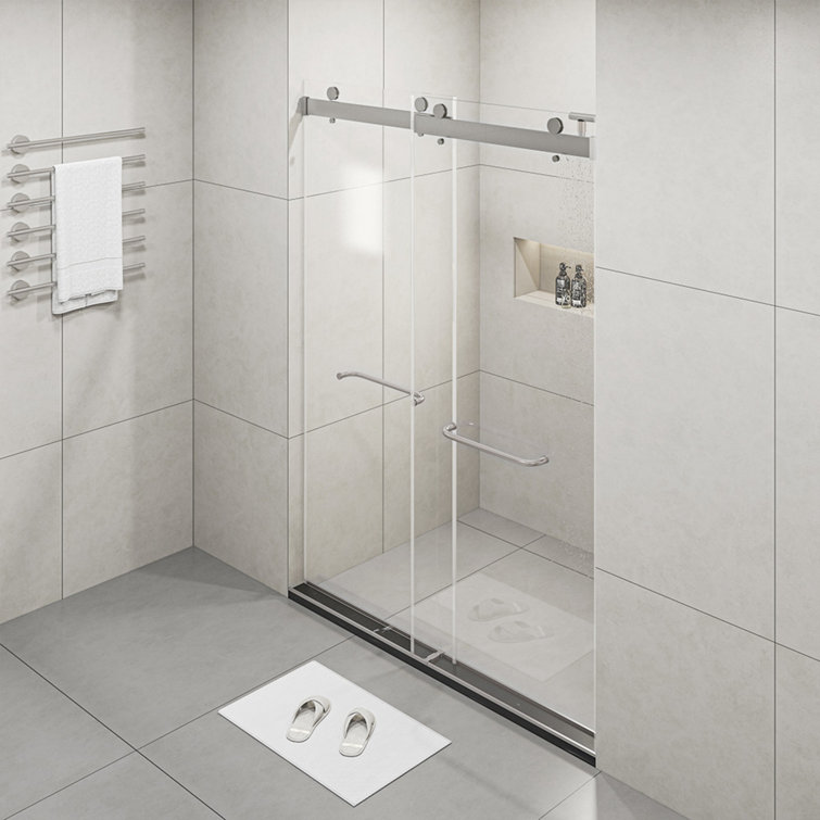 Frameless 60" Clear Glass Sliding Shower Doors with Brushed Nickel Finish