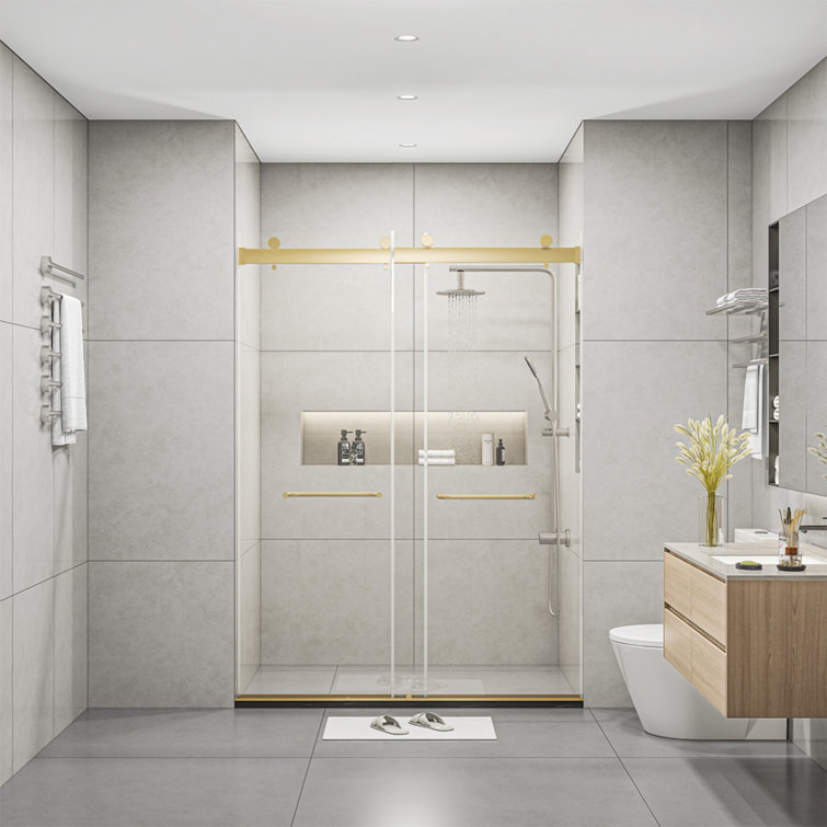 60" x 76" Frameless Brushed Gold Sliding Glass Shower Doors