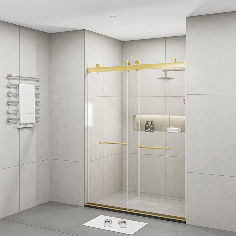 60" x 76" Frameless Brushed Gold Sliding Glass Shower Doors
