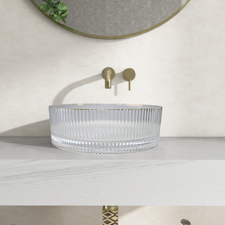 Clear and Gold Round Ribbed Glass Vessel Sink