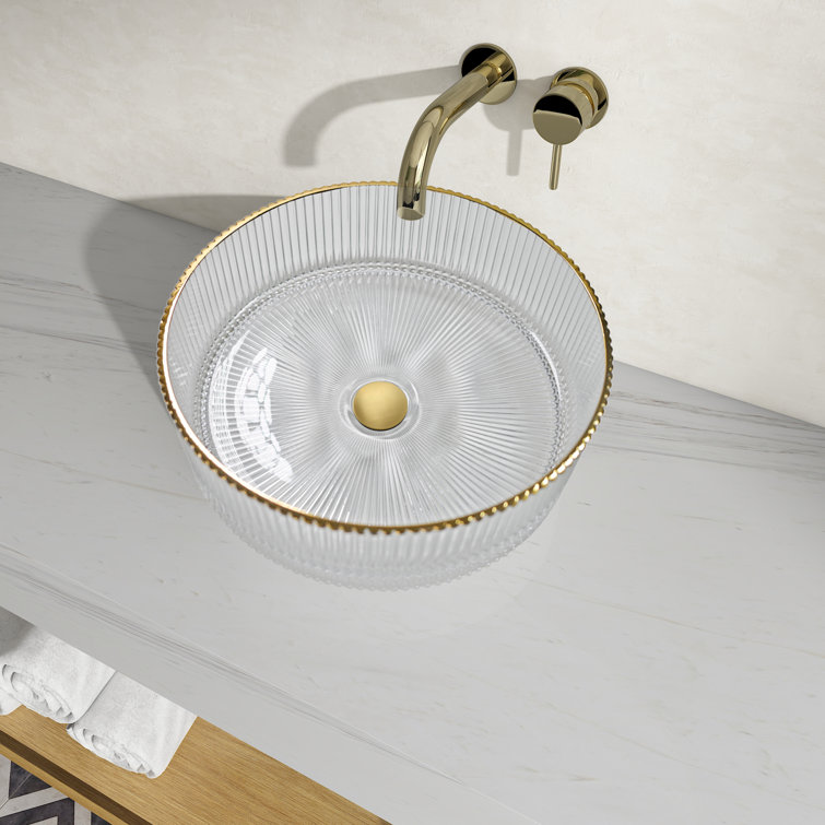 Clear and Gold Round Ribbed Glass Vessel Sink