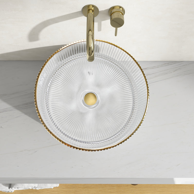 Clear and Gold Round Ribbed Glass Vessel Sink