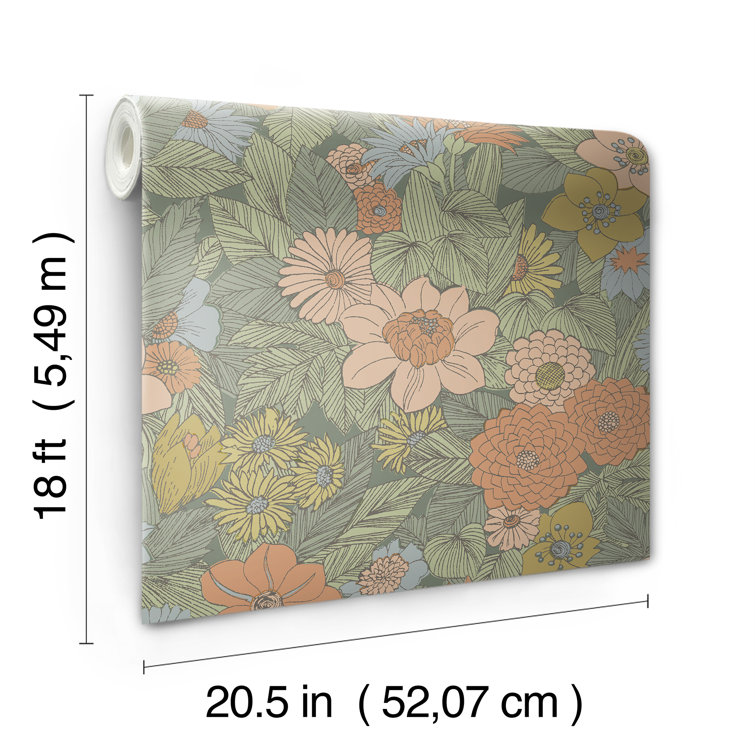 Green Retro Floral Peel and Stick Wallpaper Roll