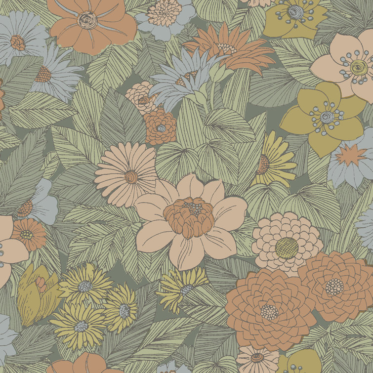 Green Retro Floral Peel and Stick Wallpaper Roll